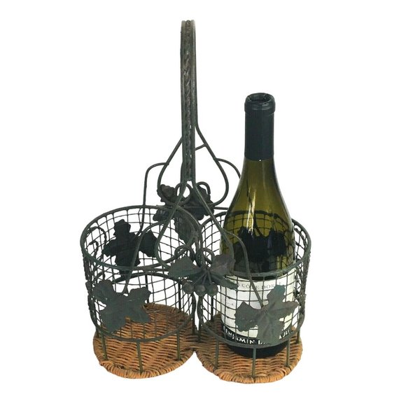 Wine Caddy Carrier Basket Metal Wicker Grape Leaf Rustic Design - Picture 1 of 7